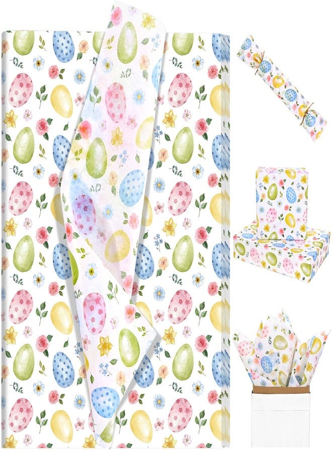 Bolsome 100 Sheets Easter Tissue Paper for Gift Wrapping Colorful Easter Eggs Flowers Printed Tissue Paper for Gift Bags Decorative Tissue for Happy Easter Party DIY Crafts, 20 × 14 Inches - Image 1